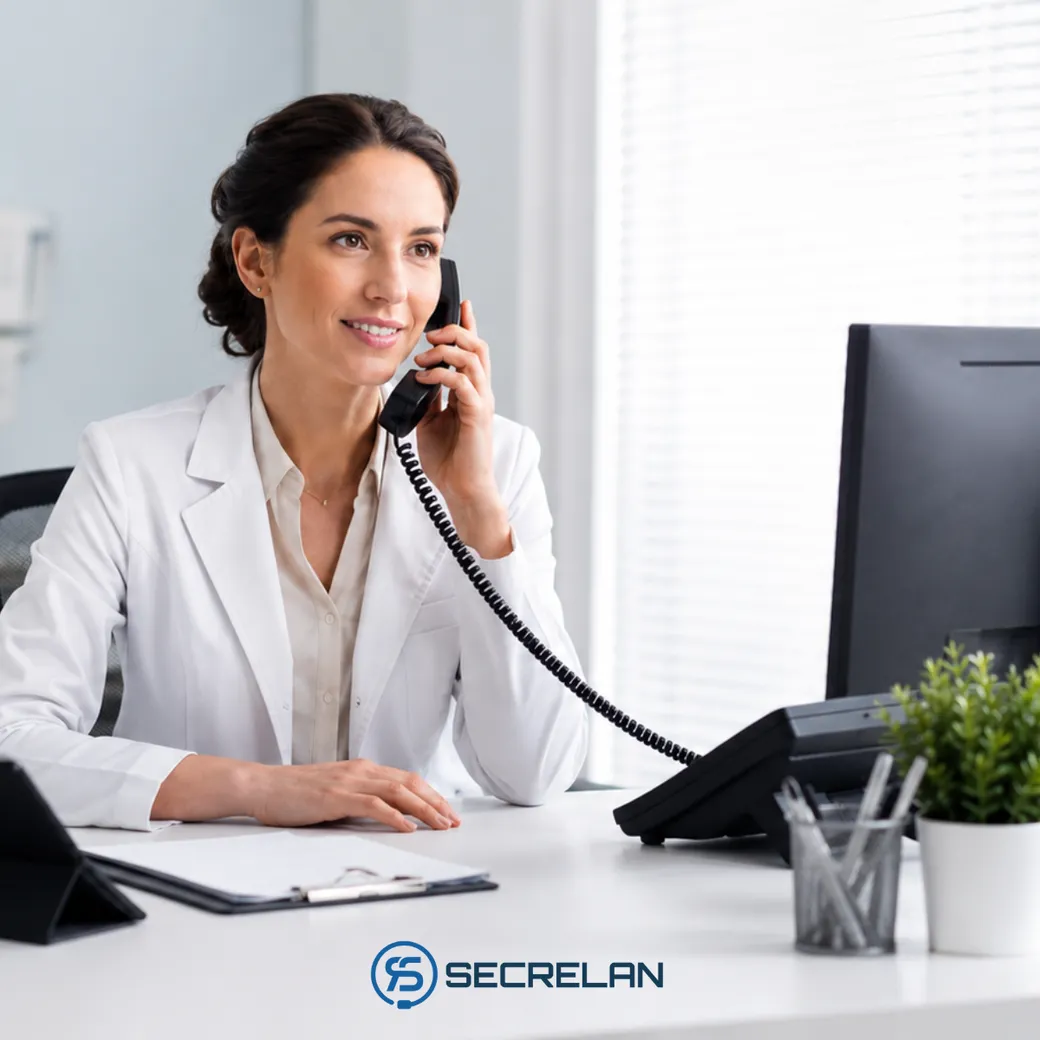 Profesional sanitaria atendiendo el telefono en consulta