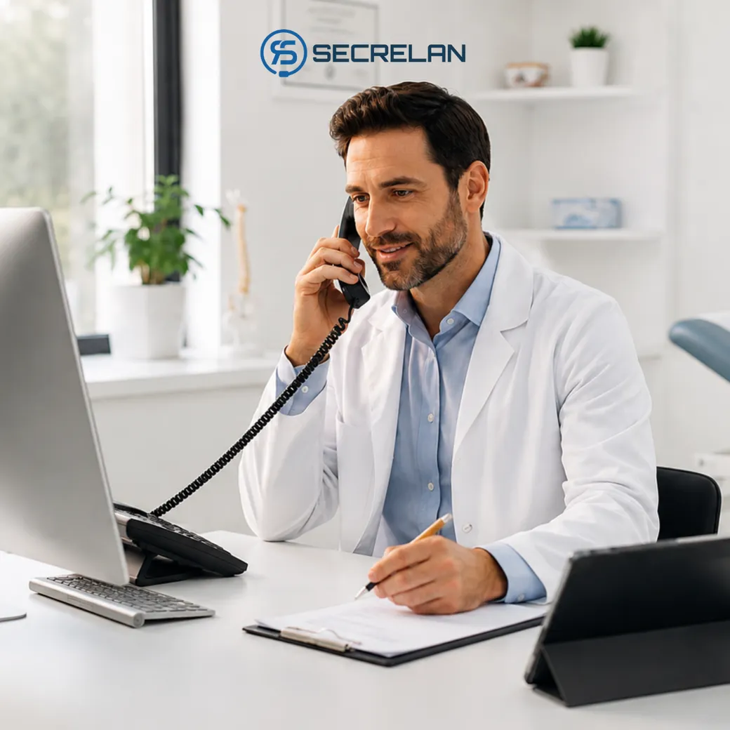 Profesional médico atendiendo el teléfono en su consulta